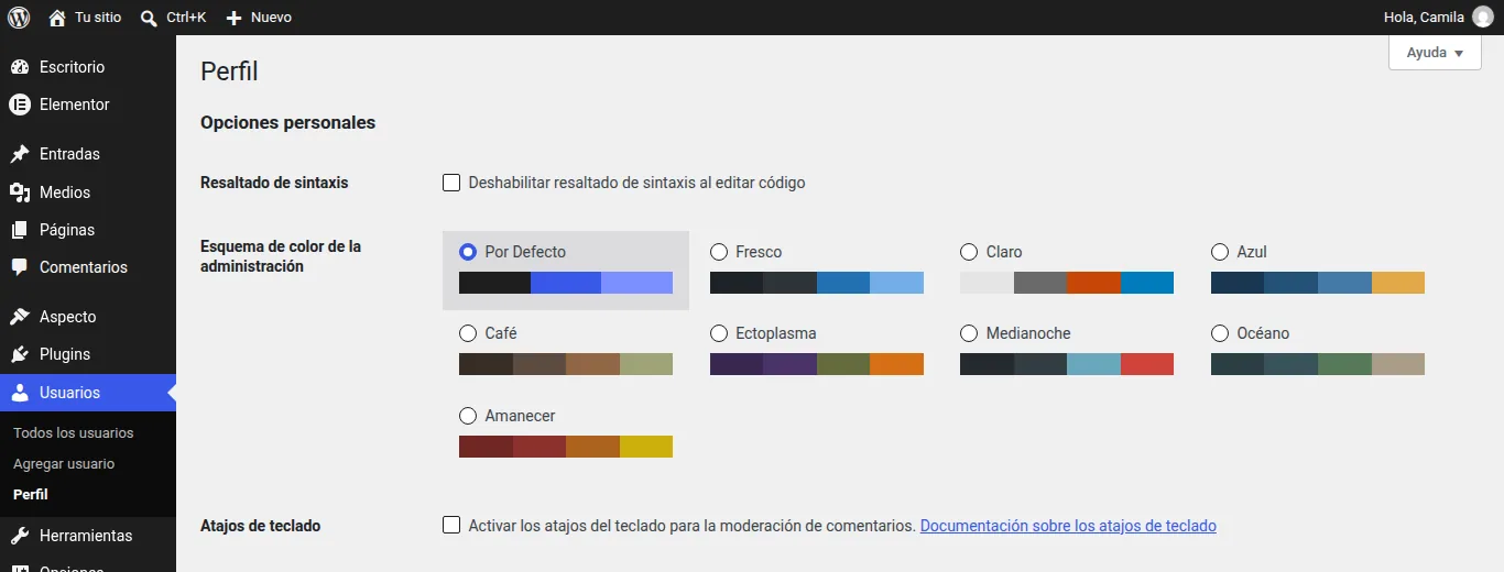 Panel de WordPress con el menú Usuarios abierto y la opción Perfil seleccionada