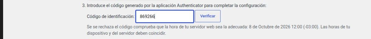Campo Código de identificación con un código de 6 dígitos escrito y el botón Verificar