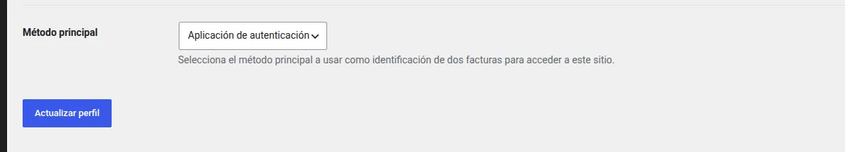 Selector Método principal con Aplicación de autenticación elegida y el botón Actualizar perfil