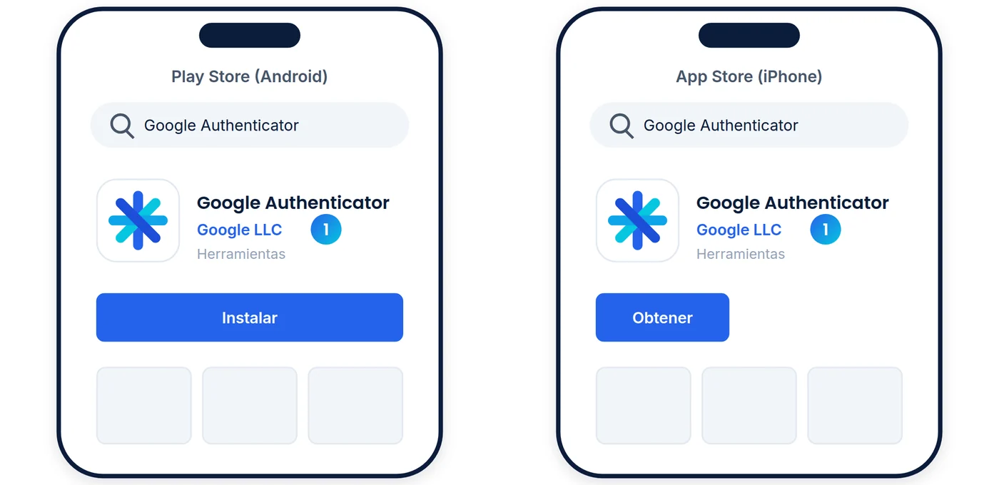 Google Authenticator de Google LLC en Play Store y en App Store, con los botones Instalar y Obtener