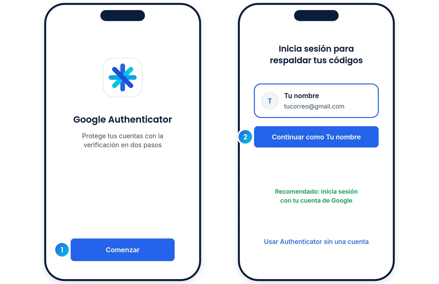 Pantallas de bienvenida de Google Authenticator: botón Comenzar e inicio de sesión con la cuenta de Google
