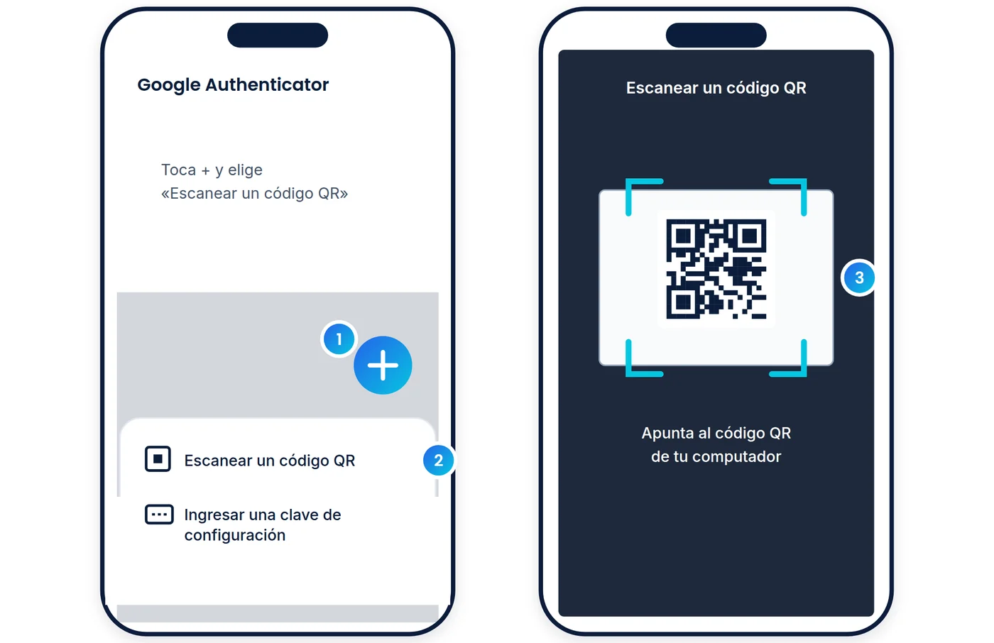 Google Authenticator: botón más, opción Escanear un código QR y la cámara apuntando al QR del computador